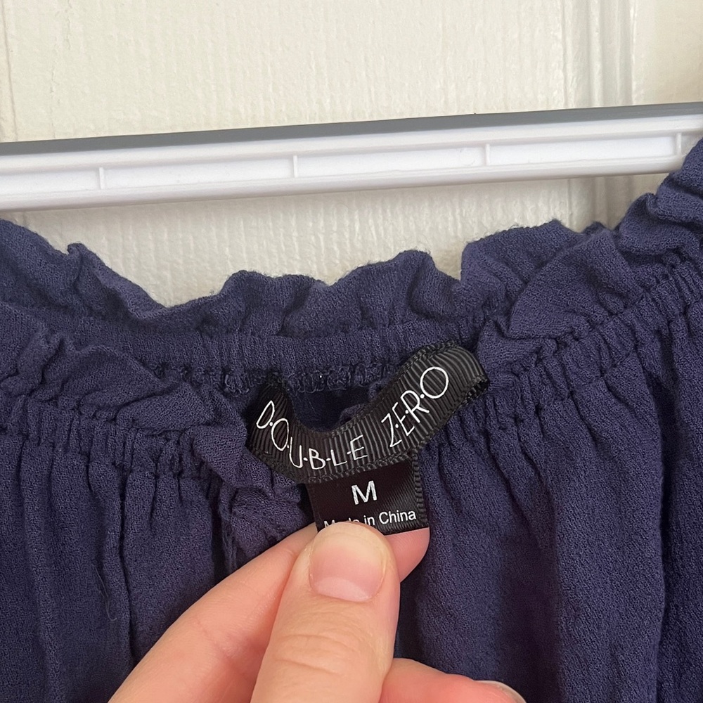 Double Zero Navy Blue Off-the-Shoulder Top with Bell Sleeves and Smocked Waist - Picture 3 of 4